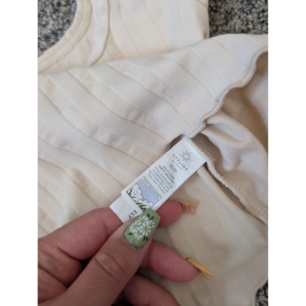 OFFLINE by Aerie Cream Ribbed Square Neck Lettuce Edge Crop Top XS - Picture 2 of 4